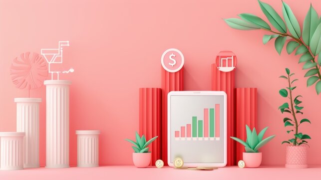 A creative depiction of financial concepts and digital savings, with a tablet displaying financial graphs and icons related to money management. The image provides ample copy space for incorporating