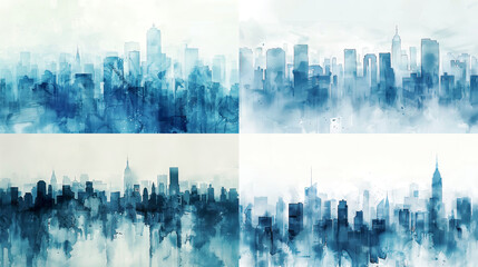 Watercolor gradient wash of city buildings, blending soft blues and greys, creating a tranquil and modern scene