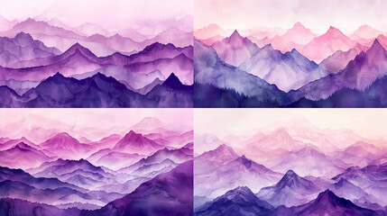 Watercolor gradient wash of mountain peaks, featuring dynamic purples and pinks, seamless transitions, calming and picturesque effect