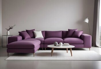 Modern living room interior with purple colour Sofa. Authentic home apartment interior with blank wall