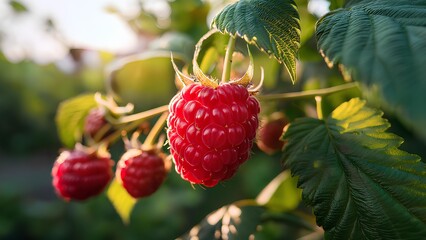 Raspberry berries on a bush, close-up, harvest. Fresh, red raspberries on a bush in the sun.