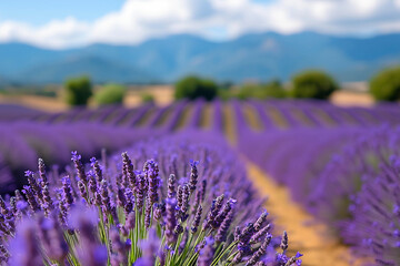 Fototapeta premium Valensole Valley in French Provence. Blooming fields of lavender against the background of mountains. Focus concept..