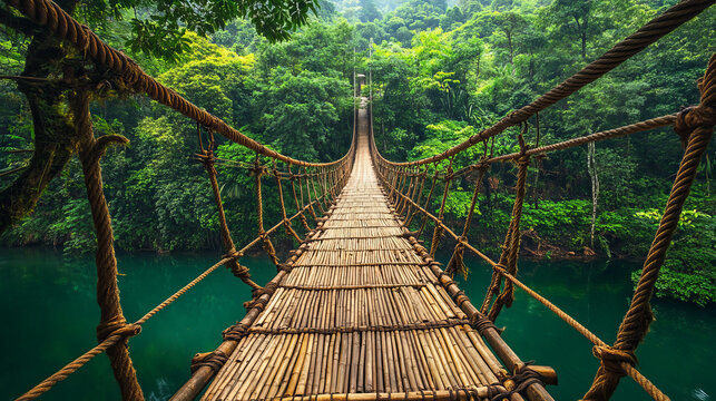 "A bamboo pedestrian hanging bridge spanning a river in a tropical forest, surrounded by lush greenery."
