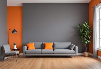 Modern living room with grey sofa and orange color background. A living room with a red wall and a red couch,