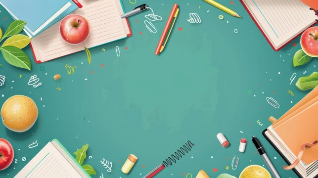 Green Background with School Supplies and Fruits