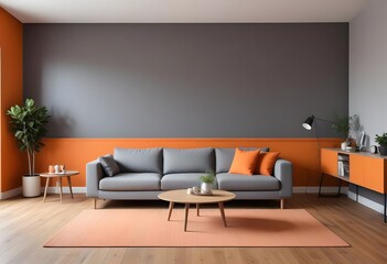 Modern living room with grey sofa and orange color background. A living room with a red wall and a red couch,
