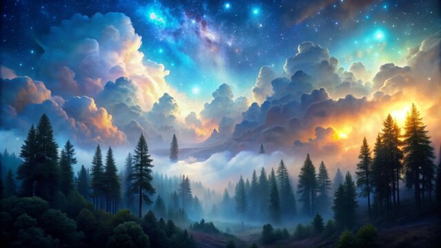Mysterious, glowing, iridescent orcus clouds engulf a dimly lit, misty forest, with towering trees and twinkling stars in the background, evoking an otherworldly atmosphere.