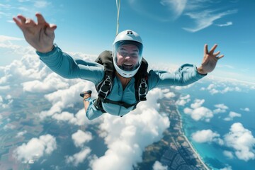 A skydiver experiences the thrill of freefalling above the landscape with a blue sky dotted with clouds, exuding the feeling of freedom and adventure.