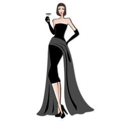 Fashion illustration on a white background Woman in an evening black dress. Outfit for Halloween 
