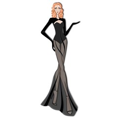 Fashion illustration on a white background Woman in an evening black dress. Outfit for Halloween 
