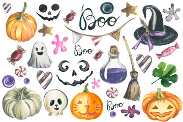 large watercolor set on a transparent background for Halloween. Set of Halloween pumpkins for stickers, for cards, textiles and design