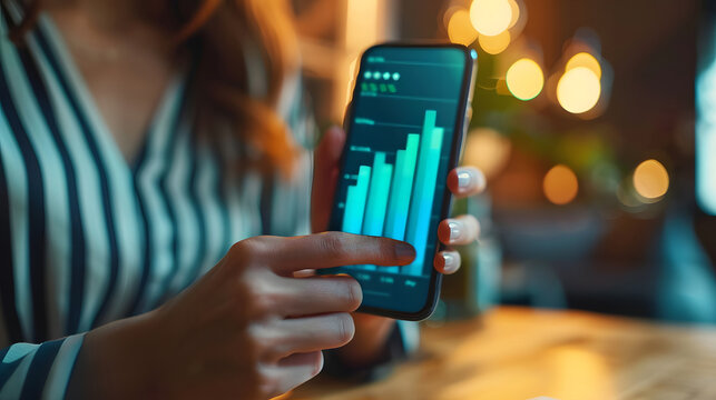 Businesswoman shows financial chart showing floating increase in income