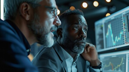 Two men are looking at a computer screen with financial data