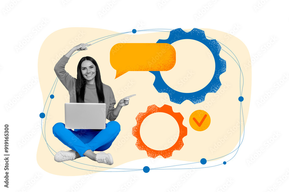 Aufkleber creative collage of happy black white colors girl use netbook point fingers empty space dialogue bub