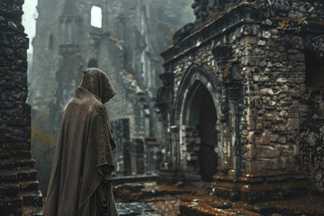 Naklejka premium Ghostly Monk in Hooded Robe Haunts Ancient Monastery Ruins at Twilight with Eerie, Partially Transparent Figure Blending Into Crumbling Stone Walls