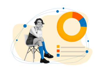 Collage image of minded black white effect girl sit chair contemplate diagram statistics isolated on painted creative background