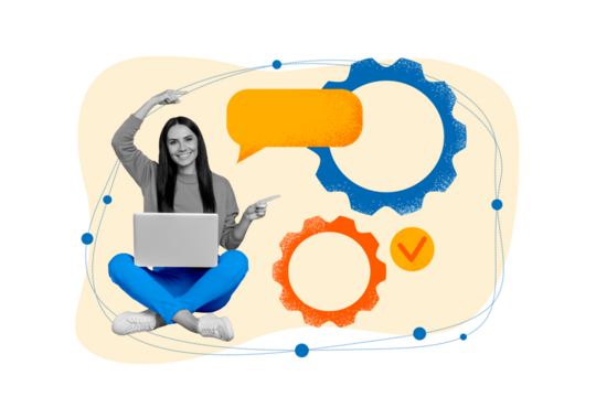 Creative collage of happy black white colors girl use netbook point fingers empty space dialogue bubble cogwheel gear checkmark