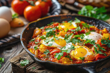 Tunisian Ojja Spicy Tomato and Pepper Stew with Poached Eggs Garnished with Fresh Cilantro in Rustic Skillet with Traditional Tunisian Elements in Background