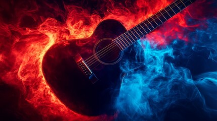 Naklejka premium Acoustic Guitar in a Dramatic Smoke and Light Setting