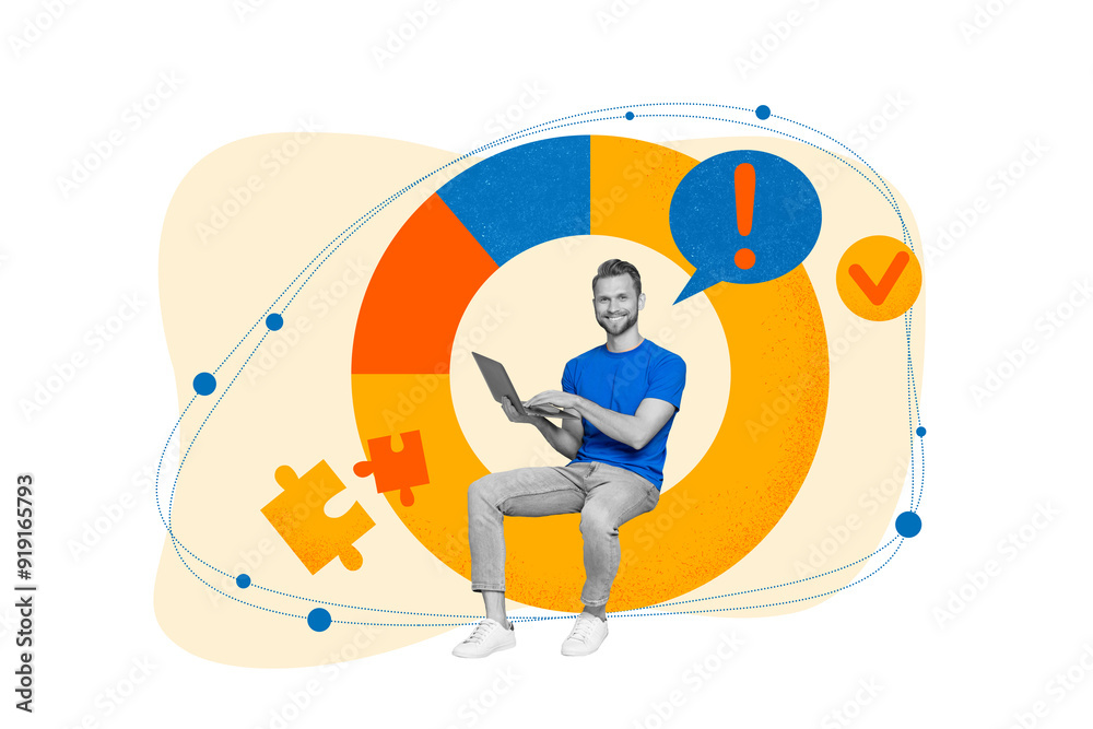 Poster Poster picture image collage artwork of happy excited guy working wireless netbook solving task isolated on drawing background