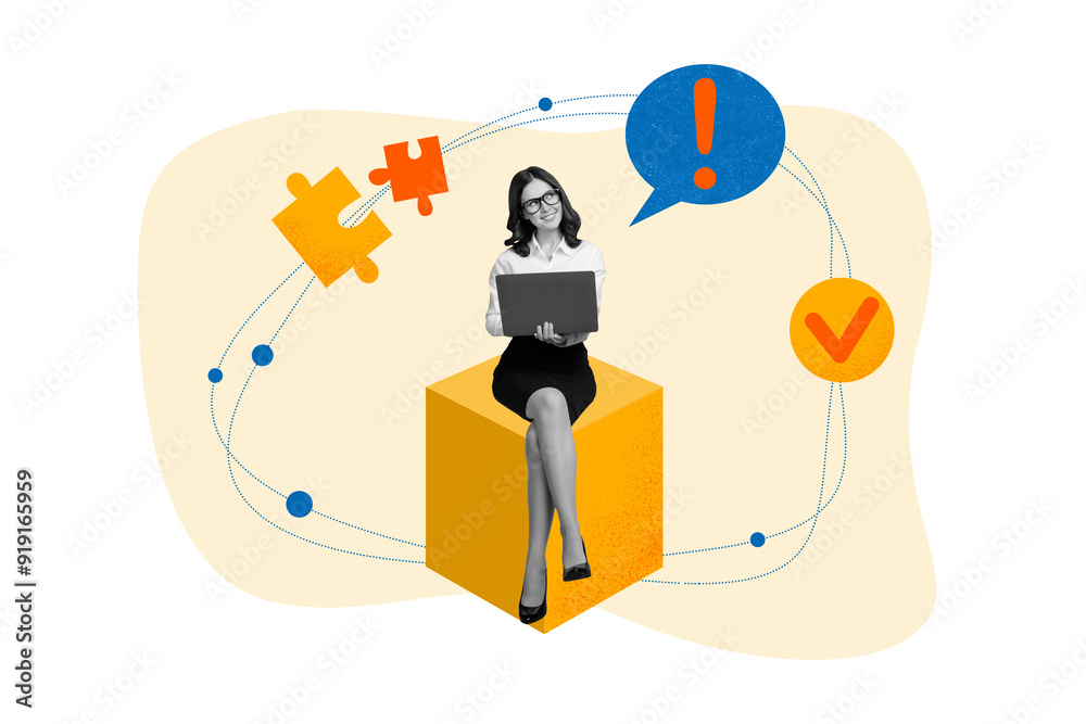 Aufkleber Collage image 3d artwork of smiling curious lady sitting cube thinking solving task working project isolated on painted background