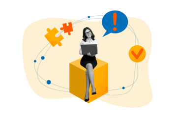 Collage image 3d artwork of smiling curious lady sitting cube thinking solving task working project isolated on painted background