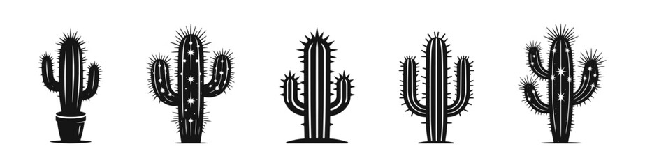 Cactus flat black set. Cacti ornate collection.