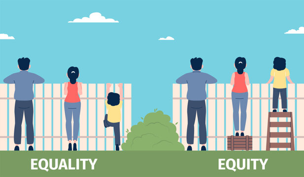 Equality and equity concept. People look over fence from different positions. Human social rights and equal, respective opportunities, recent vector scene