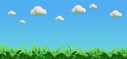 3D rendering with lush green grass and blue sky with clouds for creating a park