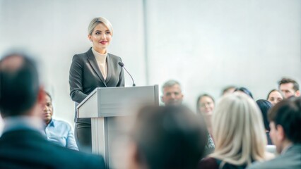 Female Politician at Leadership Summit - A woman addressing a leadership summit, engaging with a diverse audience.
