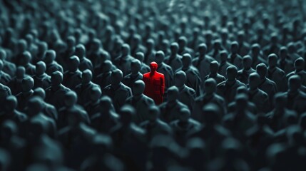 Fototapeta premium Single red figure stands out from the crowd of black ones, a powerful metaphor of leadership, uniqueness and individuality.