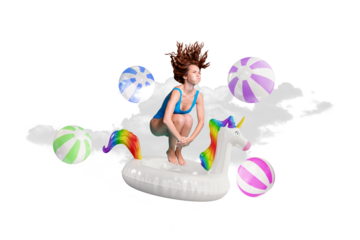Collage of crazy jumper girl bikini summer season inside inflatable unicorn circle lifebuoy swimming pool isolated over heaven background