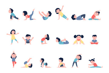 Children doing yoga. Pilates workout, kids sport training. Child stang different asana, kindergarten sporty lesson. Flat activity recent vector set