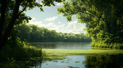 Calm Riverbank with Flowing Water and Verdant Vegetation