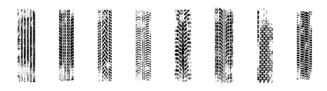 Tyre trace vector grunge set. Tires marks on asphalt dirty collection.
