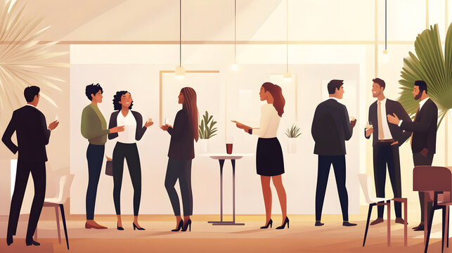 A Casual Business Outfit for a Networking Event - An illustration of professionals networking at an event, wearing business casual attire and engaging in conversations