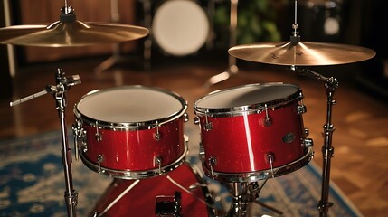 Close-Up of Red Drum Set with Cymbal