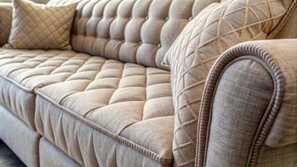 Obraz premium Soft, cushioned couch upholstery fills the frame in a close-up shot, with intricate stitching and subtle texture inviting relaxation and comfort.