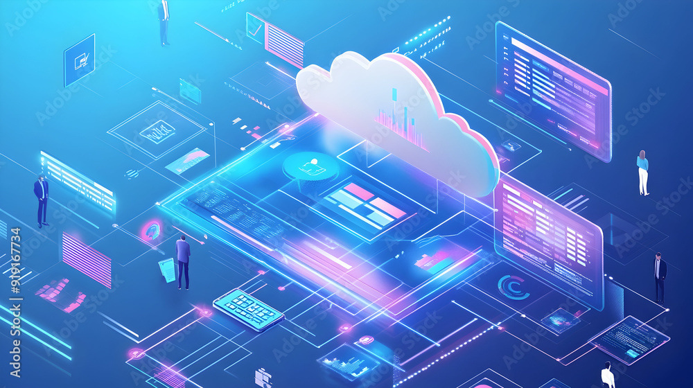 Wall mural cloud-based software as a service - a depiction of software applications being delivered via the clo