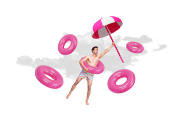 Composite design collage of young funky guy flying catch summertime parasol shirtless macho wear rubber ring isolated on heaven background © deagreez