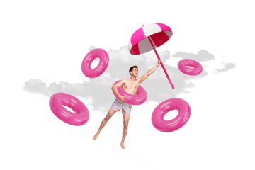 Composite design collage of young funky guy flying catch summertime parasol shirtless macho wear rubber ring isolated on heaven background