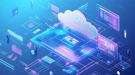 Cloud-Based Software as a Service - A depiction of software applications being delivered via the cloud, with users interacting through web interfaces