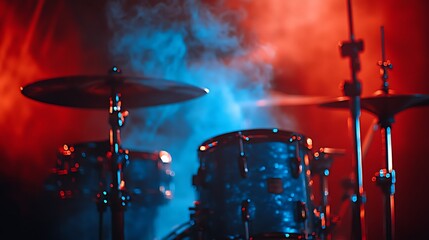 Drum Set Under Red and Blue Lighting