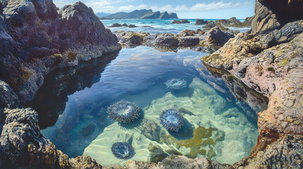 Coastal Tidal Pools with Sea Anemones and Rocky Surroundings