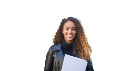 Smiling young african american female student with folder on transparent background. 
