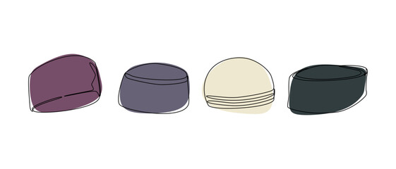 Set collection of muslim cap, kopiah. Editable line and colored. Vector illustration.