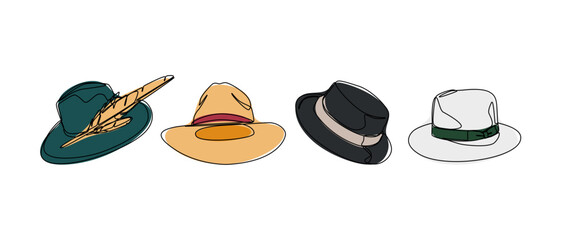 Set collection of fedora hat, panama. Editable line and colored. Vector illustration.