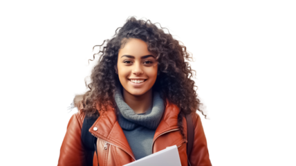 Portrait of a beautiful African American female college student smiling carries papers and notepad on transparent background.
