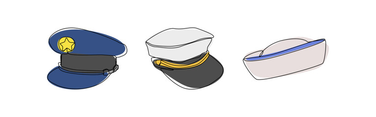 Set collection of police hat, pilot hat, and sailor hat. Editable line and colored. Vector illustration.