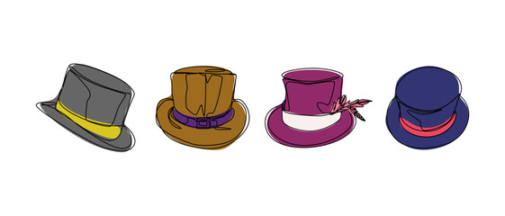 Set collection of top hat, magician cap. Editable line and colored. Vector illustration.